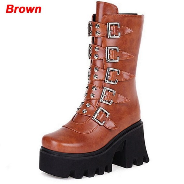 Punk Biker Boots Sexy Buckle Womens winter high boots Leather Block Heel Gothic Black Punk Style Platform Shoes