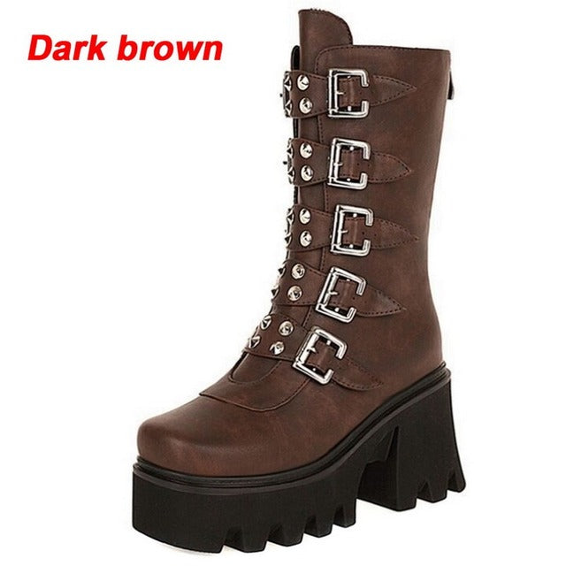 Punk Biker Boots Sexy Buckle Womens winter high boots Leather Block Heel Gothic Black Punk Style Platform Shoes