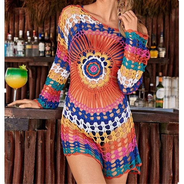 Sexy Rainbow Beach Dress Tunic Women 2022 Crochet Knitted Bikini Cover Up Beach Wear Long Cotton Pareo Summer Swimsuit Cover-Ups