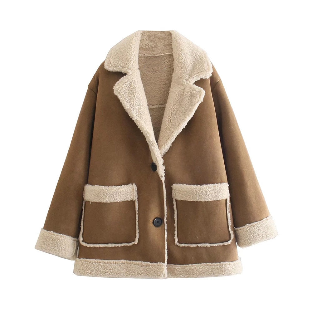 2022 Autumn Winter Women Warm Faux Fur Fleece Coat Jacket Lamb Wool Thickened shearling  Coat