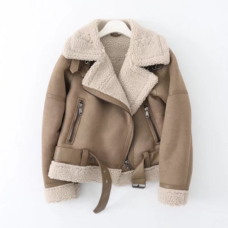 2022 Winter Women Faux Shearling Sheepskin Fake Leather Jackets Lady Thick Warm Suede Lambs Short Motorcycle Coats