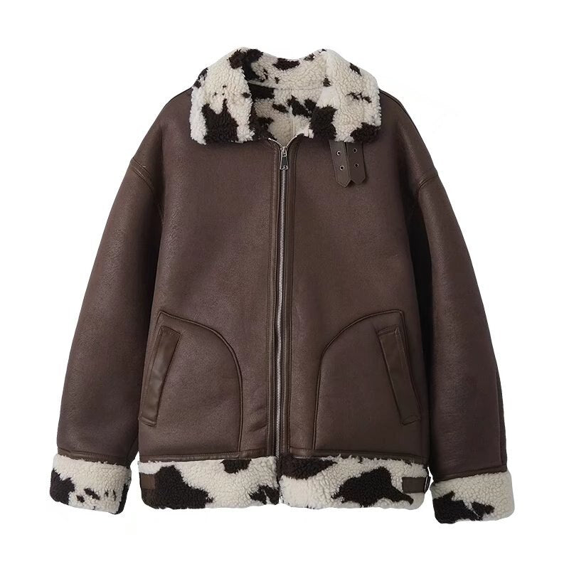 Autumn Winter Women Warm Faux Fur Cow Pattern Fleece Coat Jacket Lamb Wool Thickened Motorcycle Coat