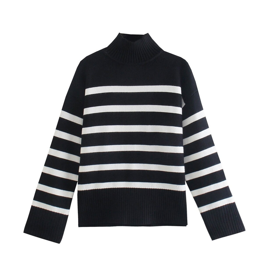 Women 2022 Black Striped Half High Collar Sweater Loose Pullovers