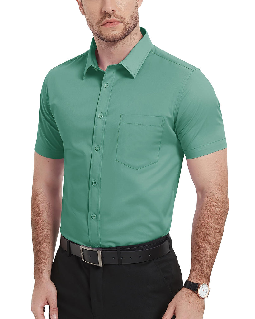 Ashore men's Shop: Mens Modern Strech Breathable Short Sleeve Dress Shirts Mens Slim Fit Casual Business Button Down Formal Shirt W/ Chest Pocket Male Cloth