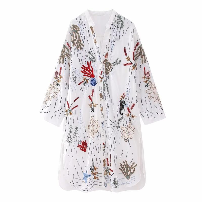 ASHORE SHOP Women Embroidery Long Dress 2023 New Round Neck Single Breasted Long Sleeve 