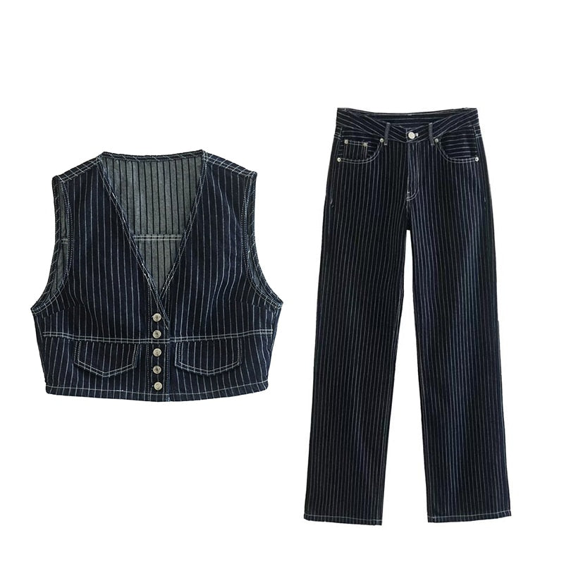 ASHORE SHOP Women Fashion Spring Autumn Striped Jeans Pants Sets 2023 Casual 
