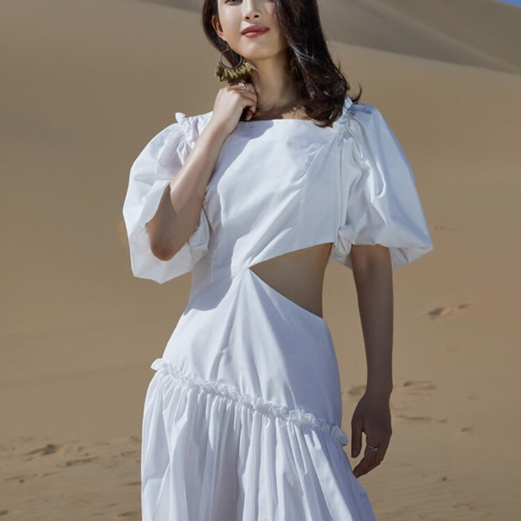 Casual Plain Dress For Women Diagonal Collar Short Puff Sleeve Cut Out – ASHORE SHOP