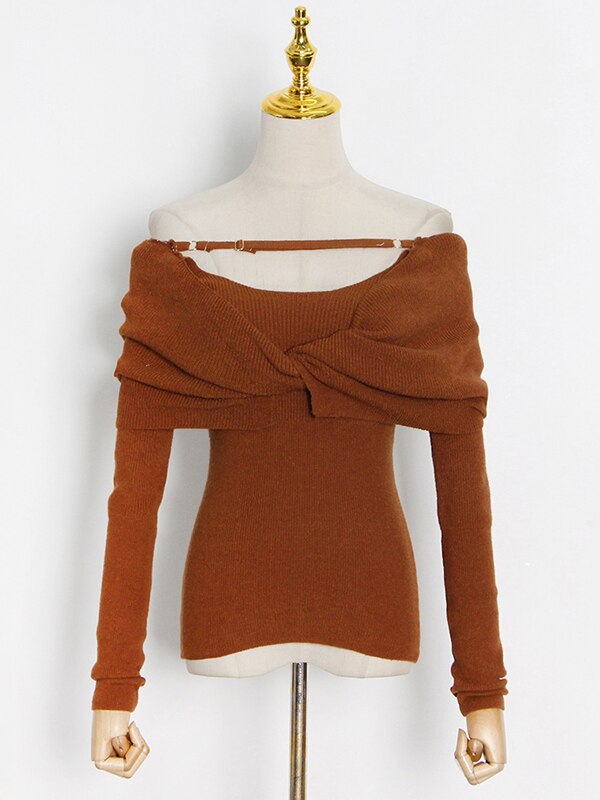 ASHORE Shop Casual Slim Knitted Pullovers For Women Slash Neck Long Sleeve Elegant Sweater