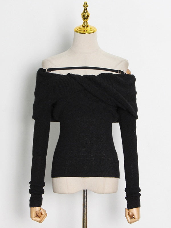 ASHORE Shop Casual Slim Knitted Pullovers For Women Slash Neck Long Sleeve Elegant Sweater