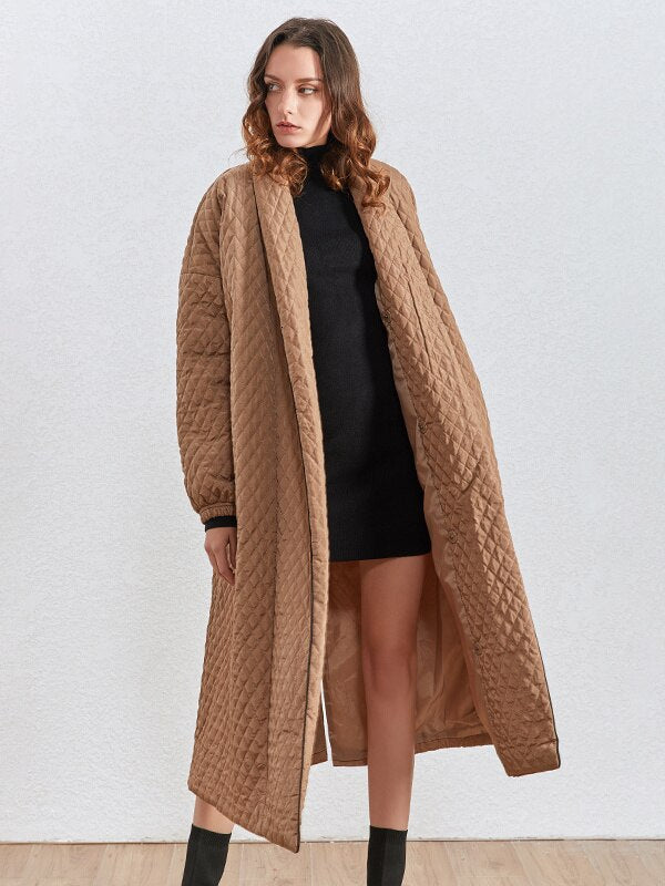 Long and Loose Argyle Quilting Mid Parkas For Women