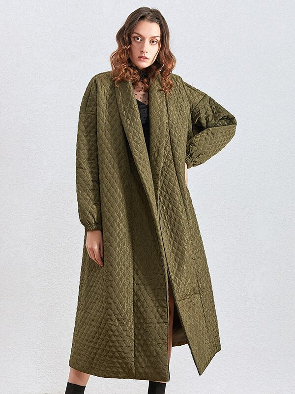 Long and Loose Argyle Quilting Mid Parkas For Women