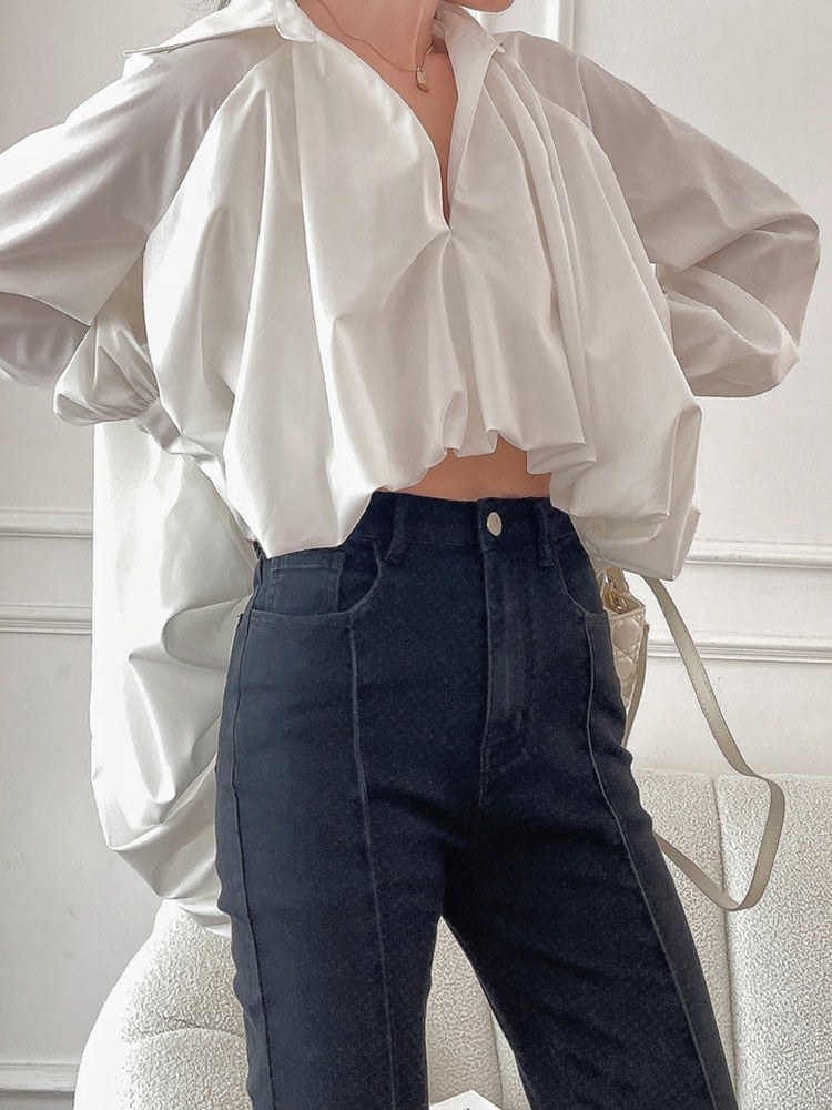 ASHORE SHOP White Casual Irregular Hem Shirt For Women V Neck Long Sleeve Solid Asymmetrical Blouses Female Autumn Clothing New