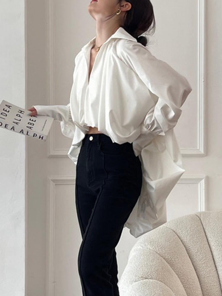 ASHORE SHOP White Casual Irregular Hem Shirt For Women V Neck Long Sleeve Solid Asymmetrical Blouses Female Autumn Clothing New