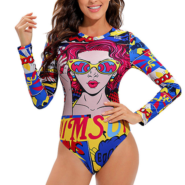 Long Sleeve One Piece Swimsuit For Women Rashguard Print Surf Swimwear