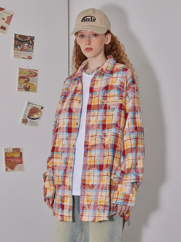 Unisex plaid long-sleeved shirt for women spring Loose plaid shirts top for men and women3