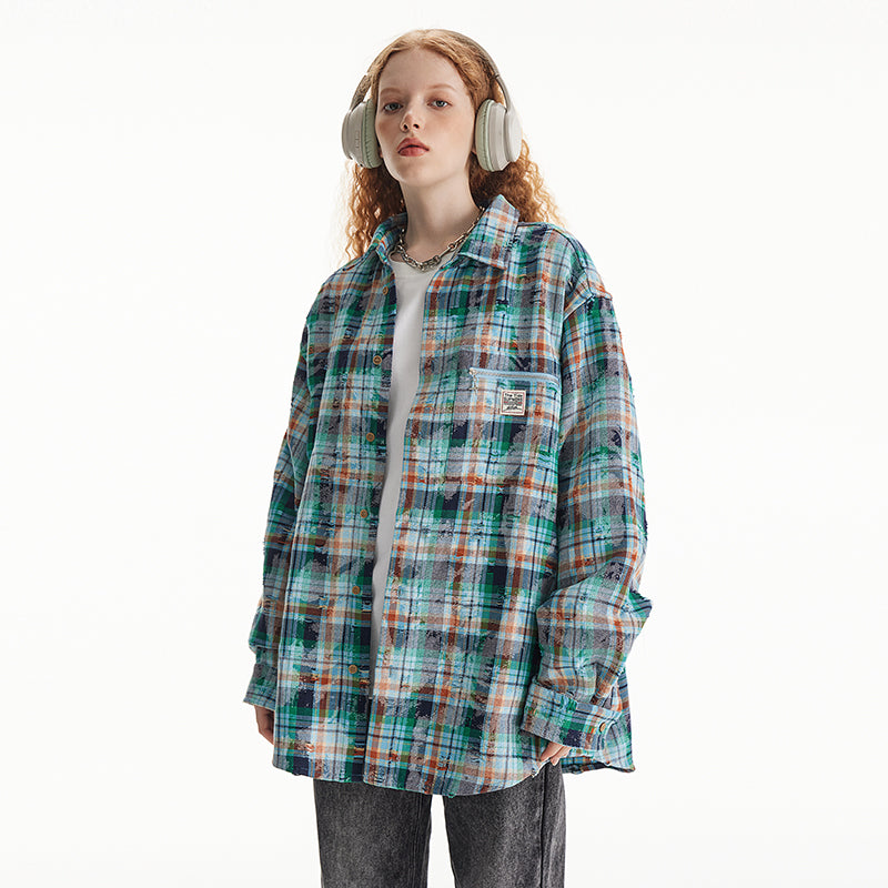 Unisex plaid long-sleeved shirt for women spring Loose plaid shirts top for men and women1