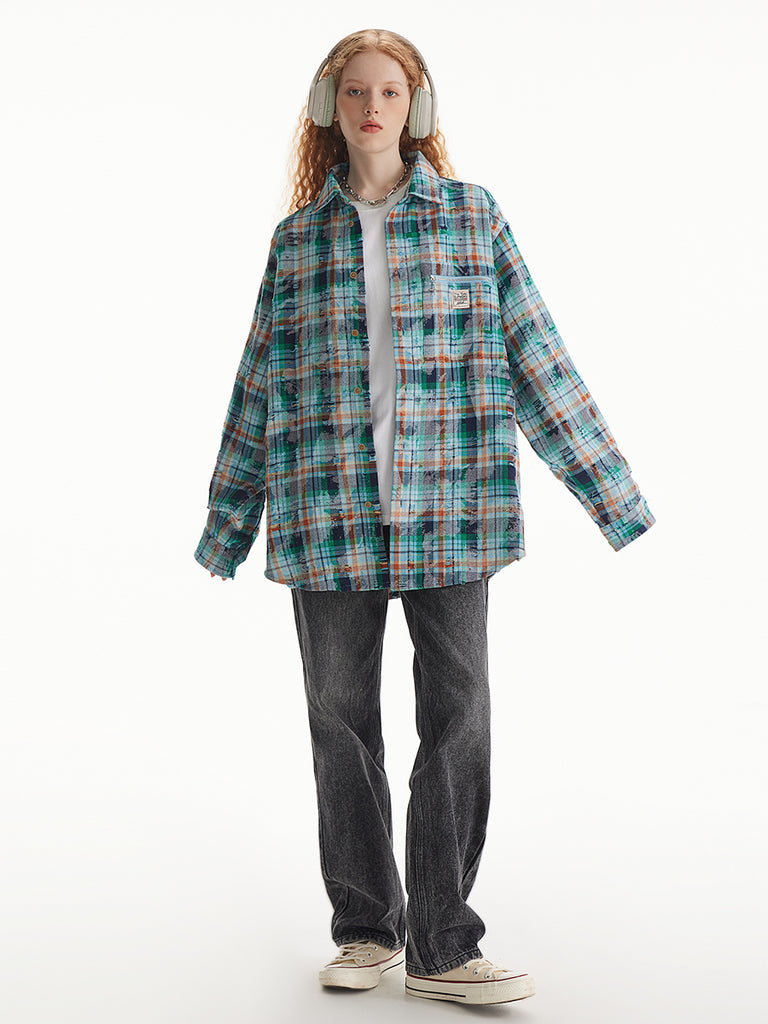 Unisex plaid long-sleeved shirt for women spring Loose plaid shirts top for men and women6