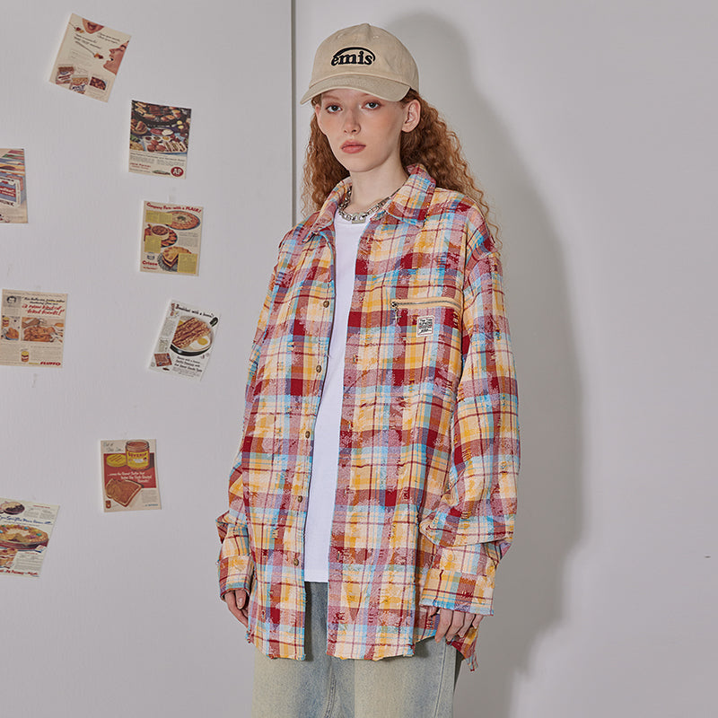 Unisex plaid long-sleeved shirt for women spring Loose plaid shirts top for men and women