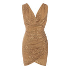 Sexy Gold Dress For Women Sexy V Neck Sleeveless Draped  Sequins Mini Dress