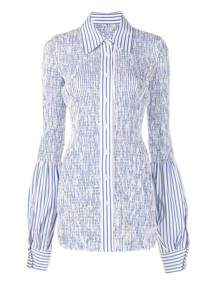 ASHORE SHOP Stitching Shaped Shirit For Women Lapel Collar Flare Sleeve Button Through Patchwork Folds Blouses Female Spring Clothing