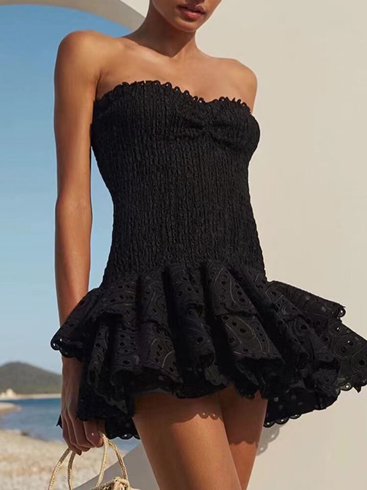 Sexy Off Shoulder Dress For Women Strapless Sleeveless High Waist Ruched Embroidery Crop Mini Dresses Women