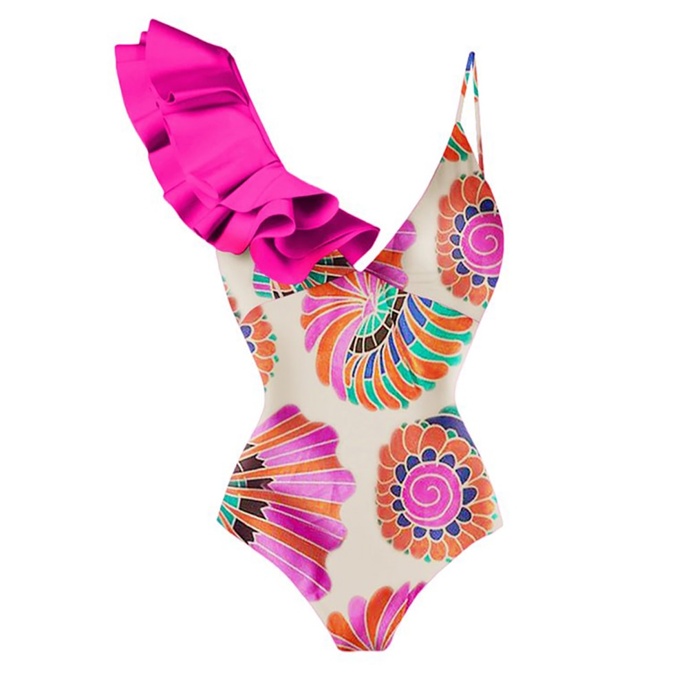 ASHORE swim/surf Shop Neon Colorblock Print Ruffle One-Piece Swimsuit V-Neck Sexy
