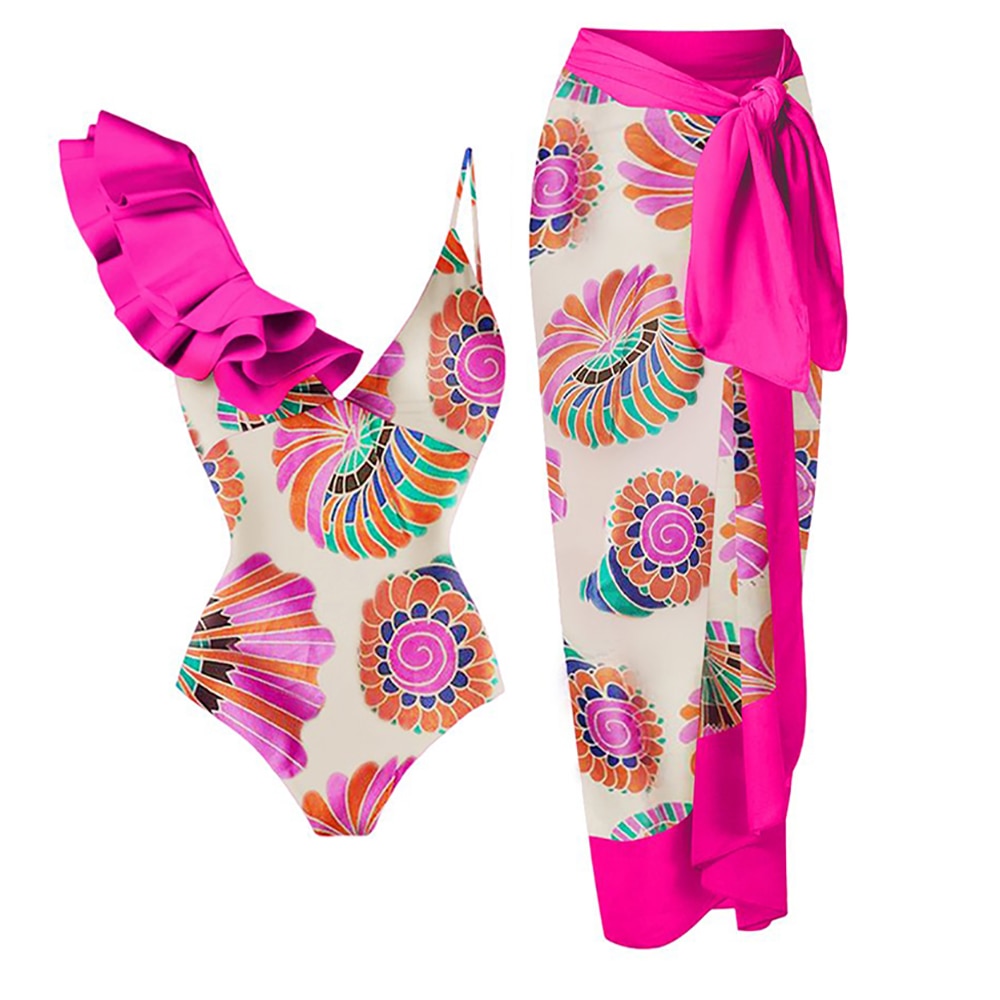 ASHORE swim/surf Shop Neon Colorblock Print Ruffle One-Piece Swimsuit V-Neck Sexy