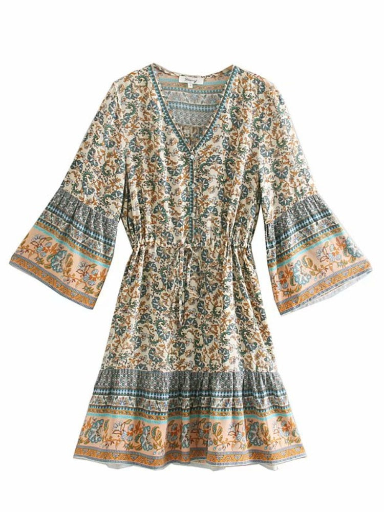 Ashore Shop women hippie floral print V-neck  Bohemian mini dresses Summer ladies flare sleeve cotton beach Boho dress