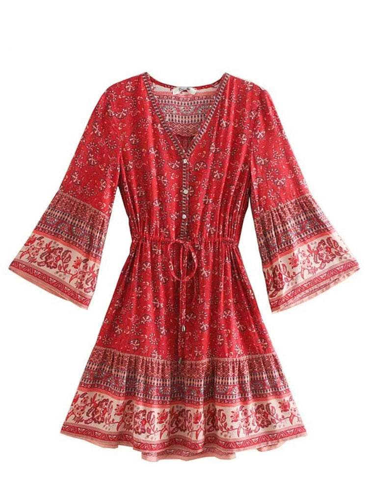 Ashore Shop women hippie floral print V-neck  Bohemian mini dresses Summer ladies flare sleeve cotton beach Boho dress