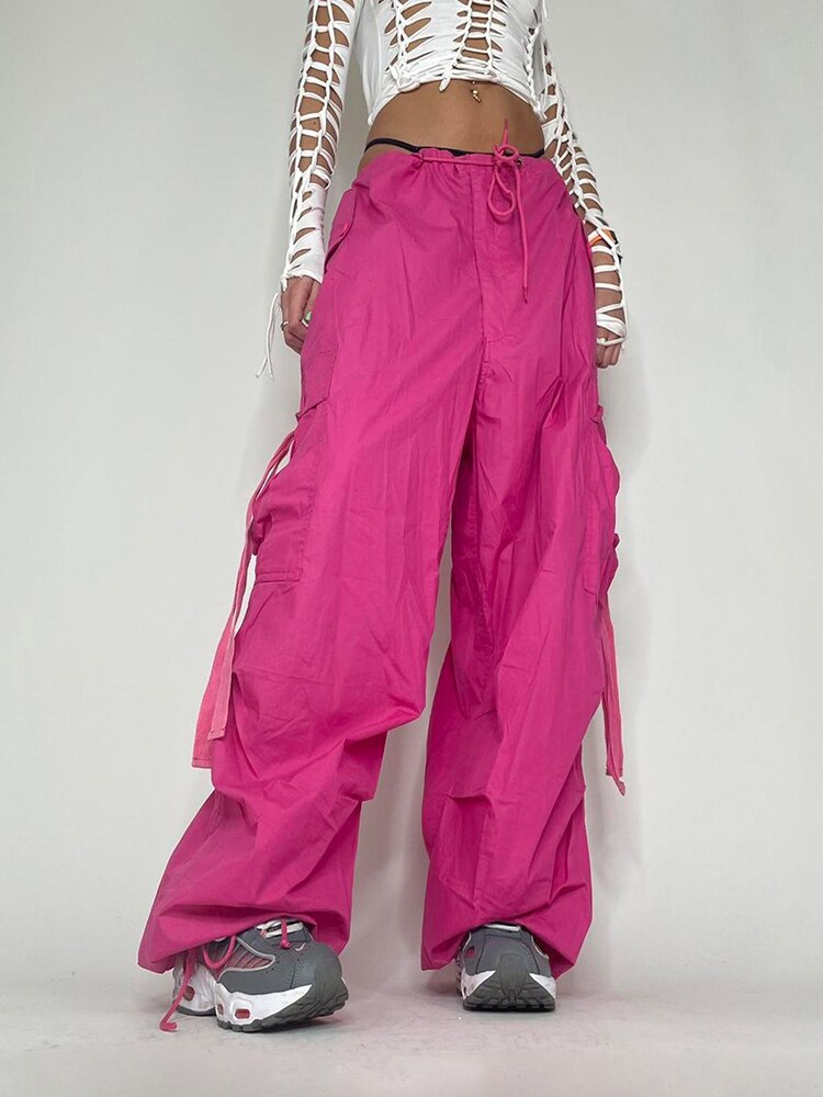 Parachute Oversized Cargo Pants 2023 Summer New Sweatpants Lace Up Ribbon Low Rise Chic Pink Pants