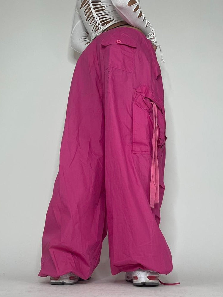 Parachute Oversized Cargo Pants 2023 Summer New Sweatpants Lace Up Ribbon Low Rise Chic Pink Pants