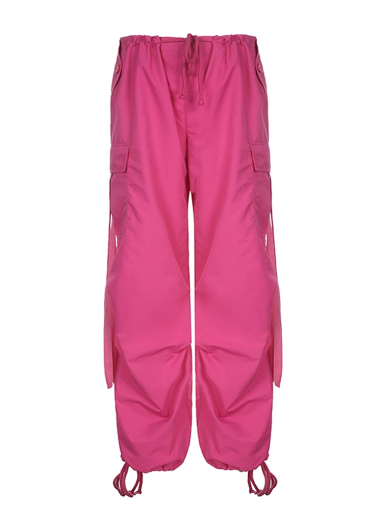 Parachute Oversized Cargo Pants 2023 Summer New Sweatpants Lace Up Ribbon Low Rise Chic Pink Pants