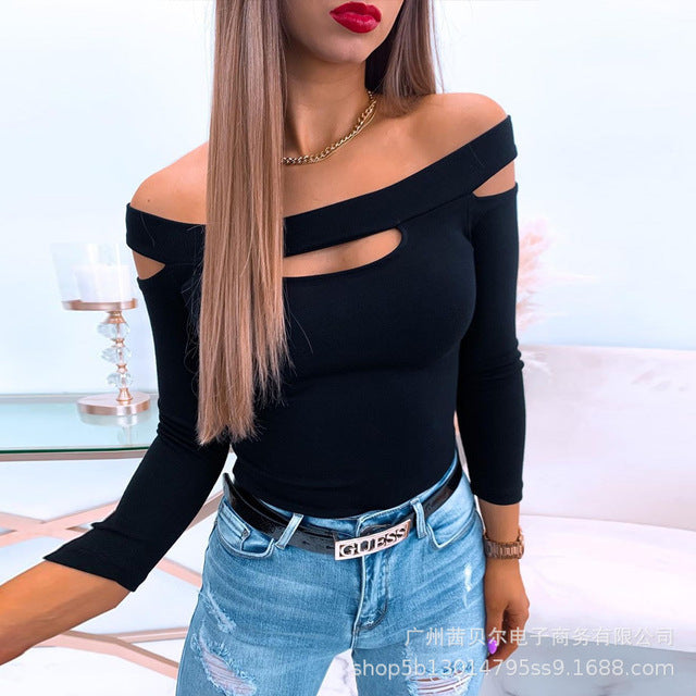 Solid Color Tshirts Hollow Off-Shoulder Top Women Slash Collar Sheath Solid Color Long Sleeve Sexy Ladies Club Wear