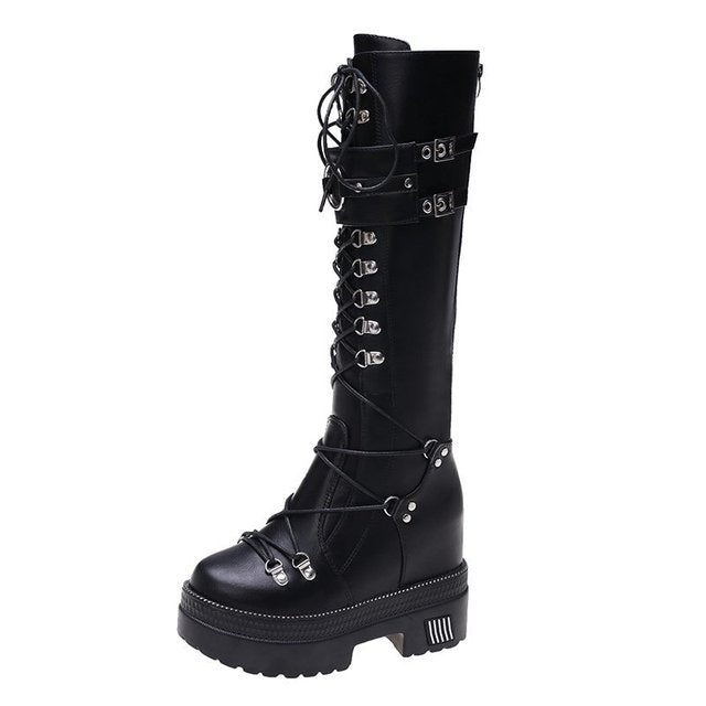 Punk Biker Winter Women Knee High Boots Wedges High Heels