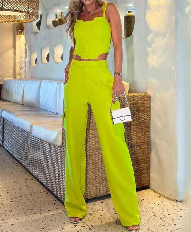Ashore Shop Women Elegant Solid Two Piece Set Sexy Suspender Sleeveless Crop Tops With Pockets Pants Matching Suit Summer Office Lady Outfit
