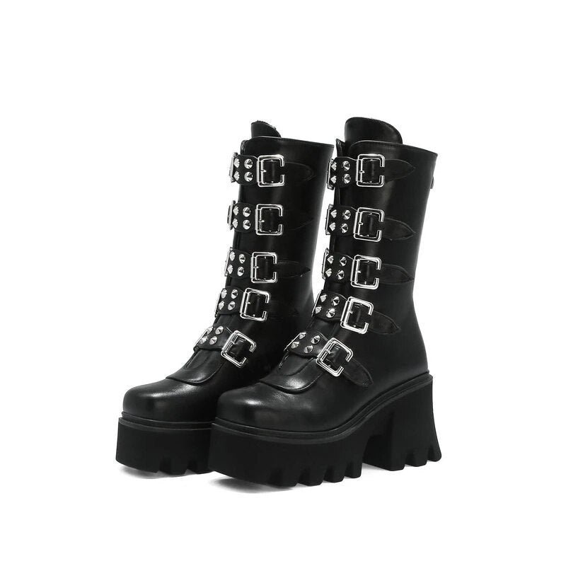 Womens Shoes Mid-calf Boots Female Motorcycle Rivet Buckle Platform