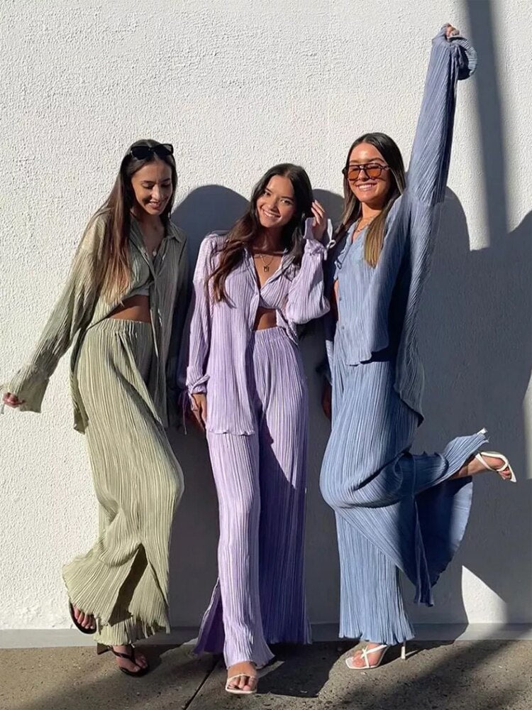 Ashore Vacation Shop Women Pleated 2 Piece Sets Long Sleeve Blouse Tops And Split Wide Leg Pant Suit 2022