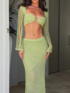 Ashore Shop Women Solid Long Sleeve Knit Skirt 2 Pieces Set Knitted Crop Top 