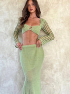 Ashore Shop Women Solid Long Sleeve Knit Skirt 2 Pieces Set Knitted Crop Top 