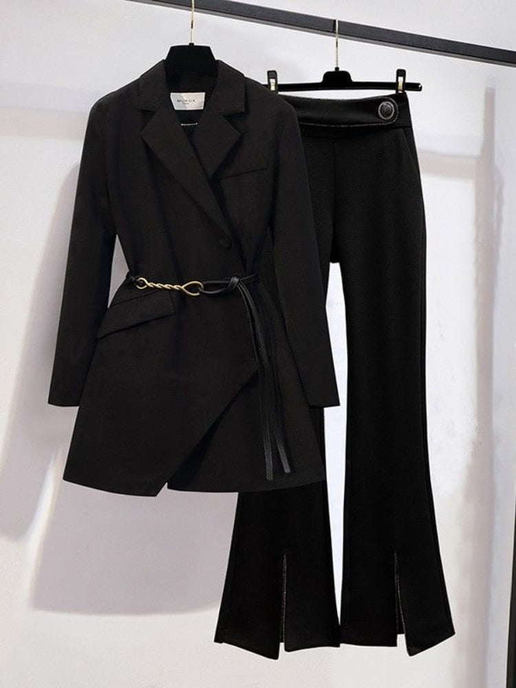 Ashore Shop Women Pant Suits Office Sets Irregular Design Blazer Women Solid Color Bell Bottoms  Fashion Elegance 