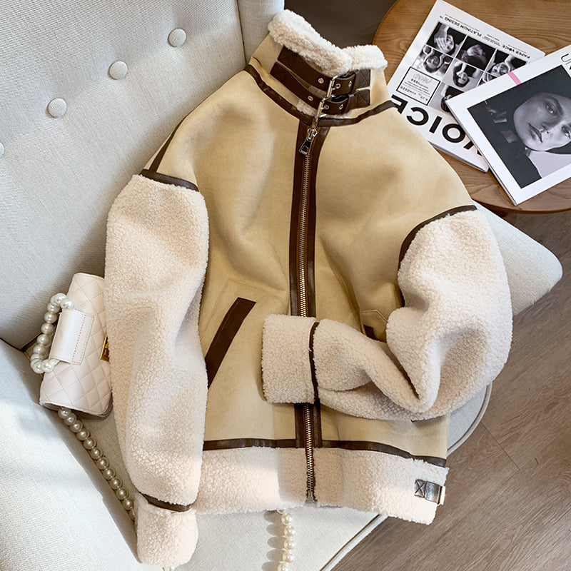 Women Vintage Fleece Lamb Wool Jacket Chic Casual Oversized Suede Fur Coat