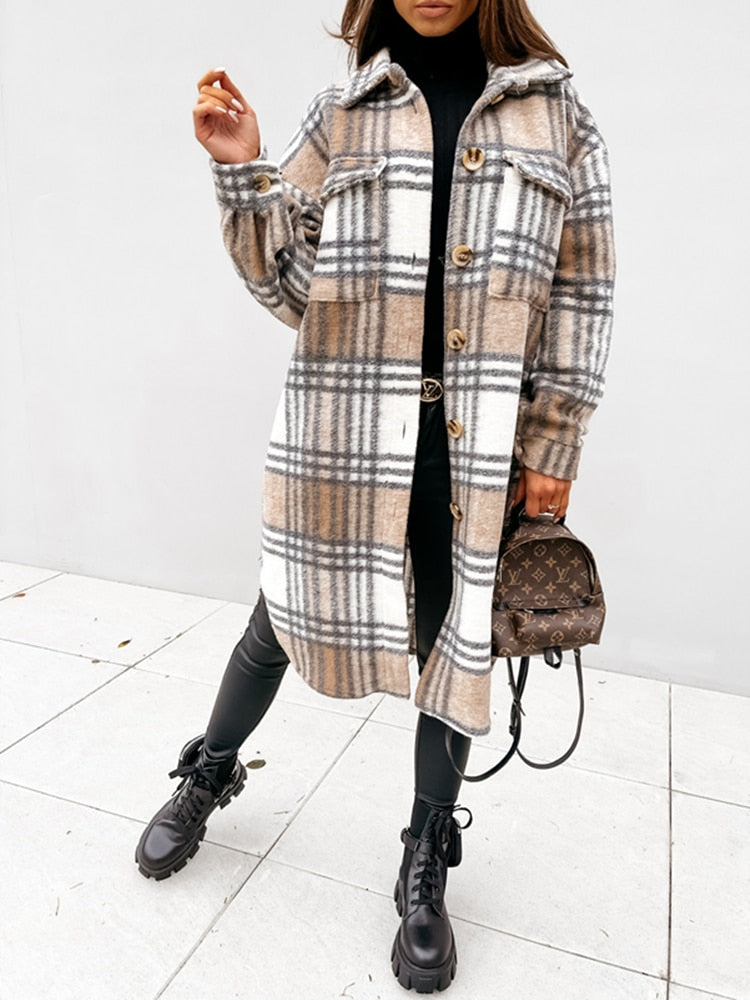 Women Winter Woolen Coats Female Plaid Print Retro Warm Thick Plaid Shirt Long Jacket