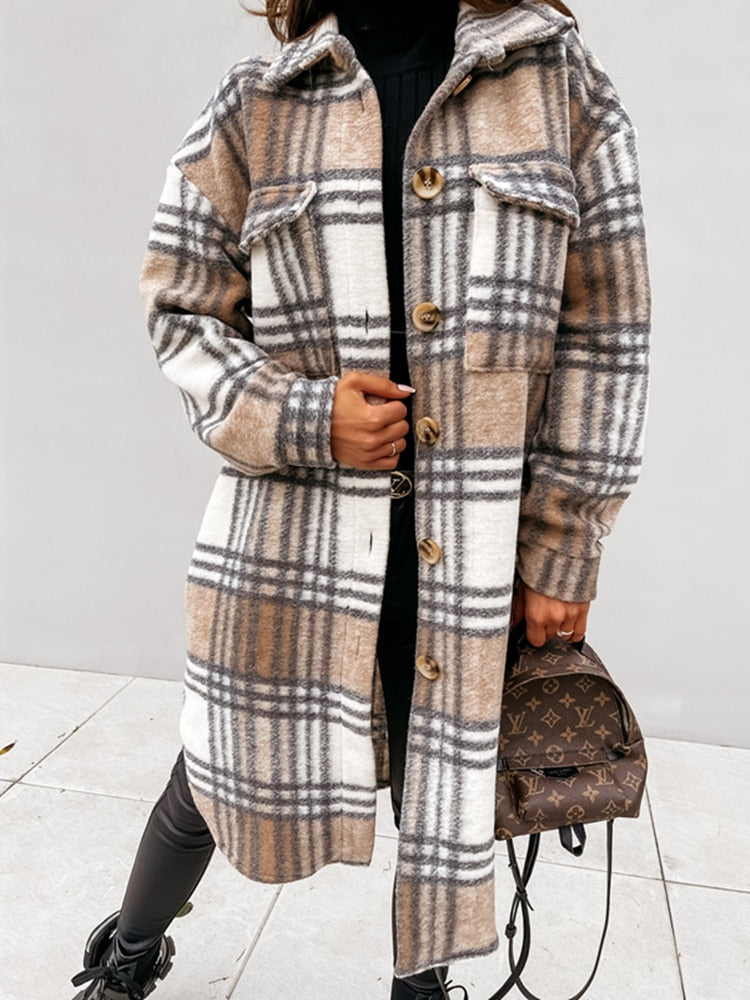 Women Winter Woolen Coats Female Plaid Print Retro Warm Thick Plaid Shirt Long Jacket