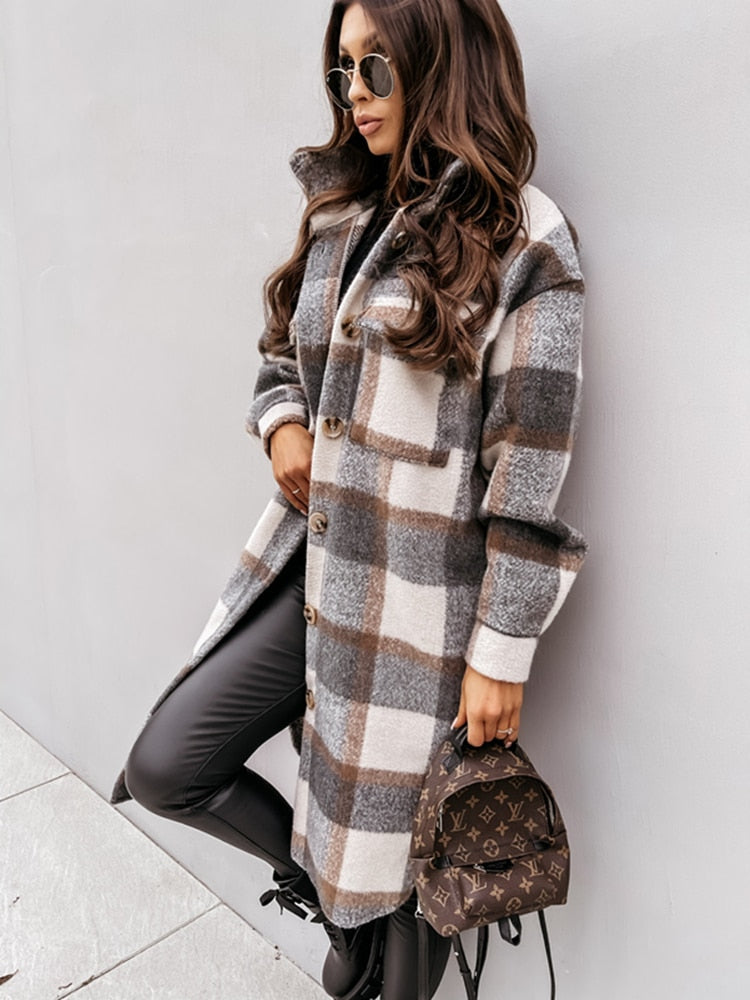 Women Winter Woolen Coats Female Plaid Print Retro Warm Thick Plaid Shirt Long Jacket