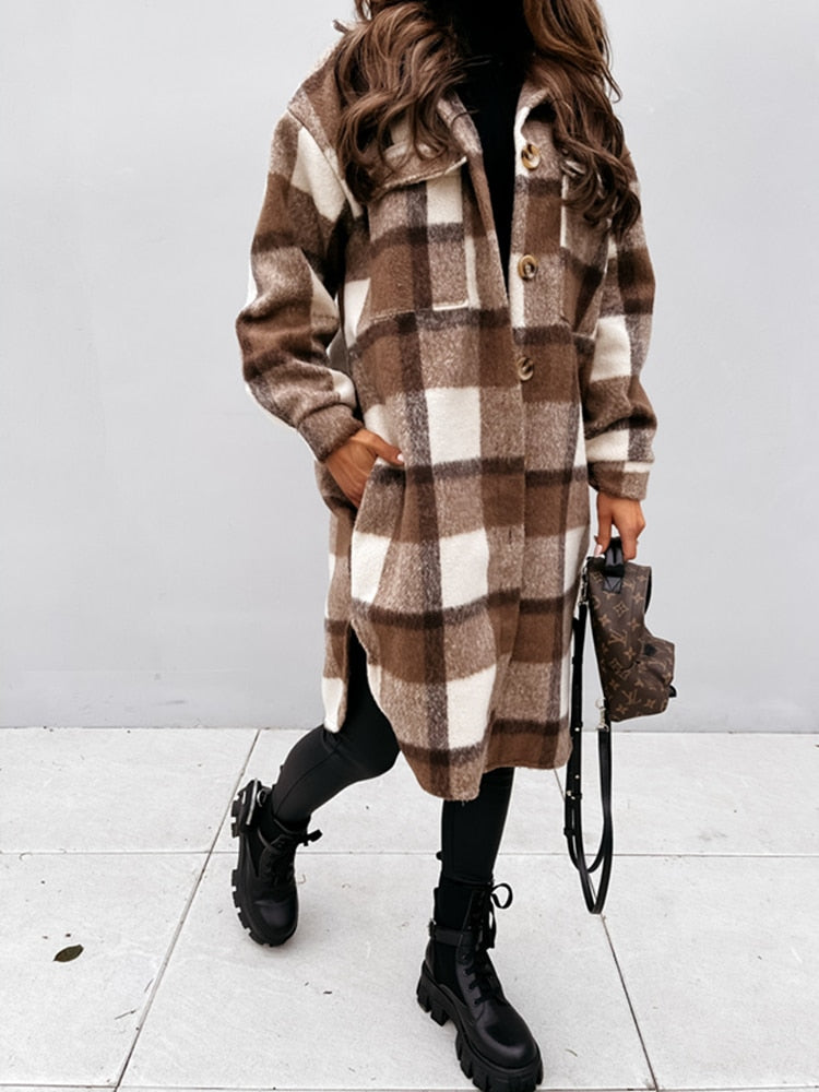 Women Winter Woolen Coats Female Plaid Print Retro Warm Thick Plaid Shirt Long Jacket