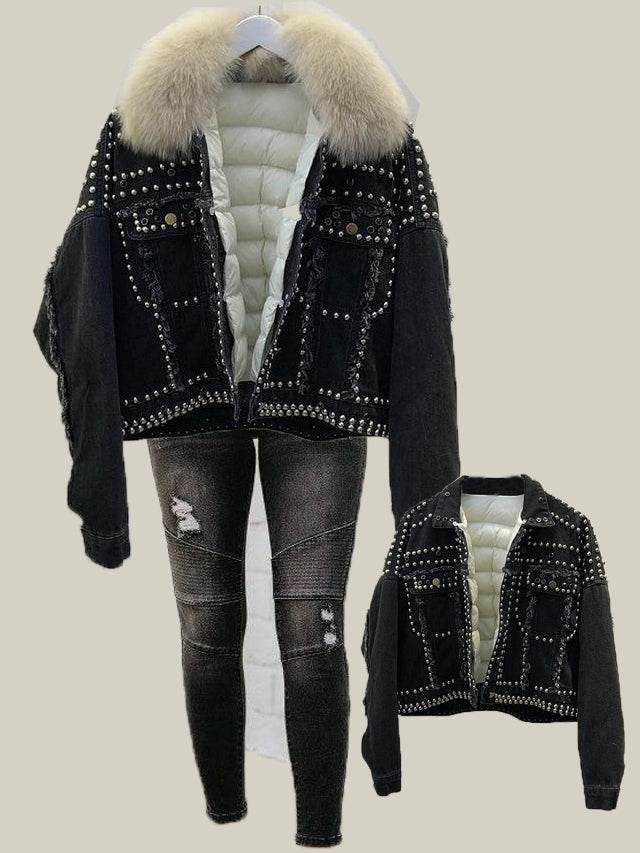 Real Fox Fur and Down 2020 Hand Studded Rivet Denim Jacket Detachable Fur and Ripped Jeans