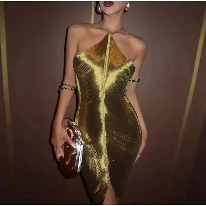 Women Party Shinny Metallic Halter Dress Female Sleeveless Backless Bodycorn Long Vestidos Lady Party Club Evening Robes-2-6