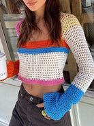 Crochet Knitted Long Sleeve Crop Top Women Beach Autumn Summer Tops