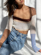 Crochet Knitted Long Sleeve Crop Top Women Beach Autumn Summer Tops