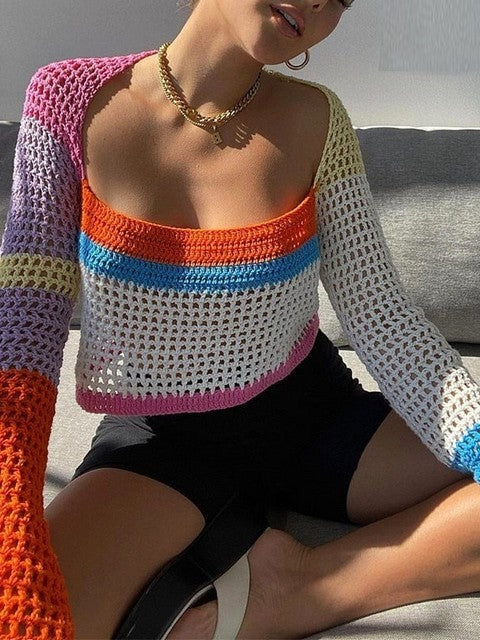 Crochet Knitted Long Sleeve Crop Top Women Beach Autumn Summer Tops